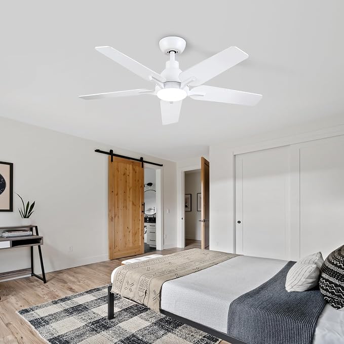 42 Inch Ceiling Fans with Lights and Remote, White Ceiling Fan, 5 Blade Modern Ceiling Fan for Bedroom, Living Room, Dining Room, Patio, Dimmable 6 Speeds DC Quiet
