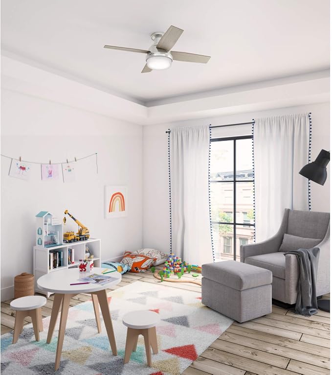 Hunter 44 inch Indoor Ceiling Fan with LED Light and Remote Control - Modern Ceiling Fan, Low Profile Mount, 4 Blades, For Bedroom, Living Room, or Kitchen, Quiet - Dempsey 50282, Brushed Nickel | with LED Light and Remote Control, Low Profile Mount, 4...