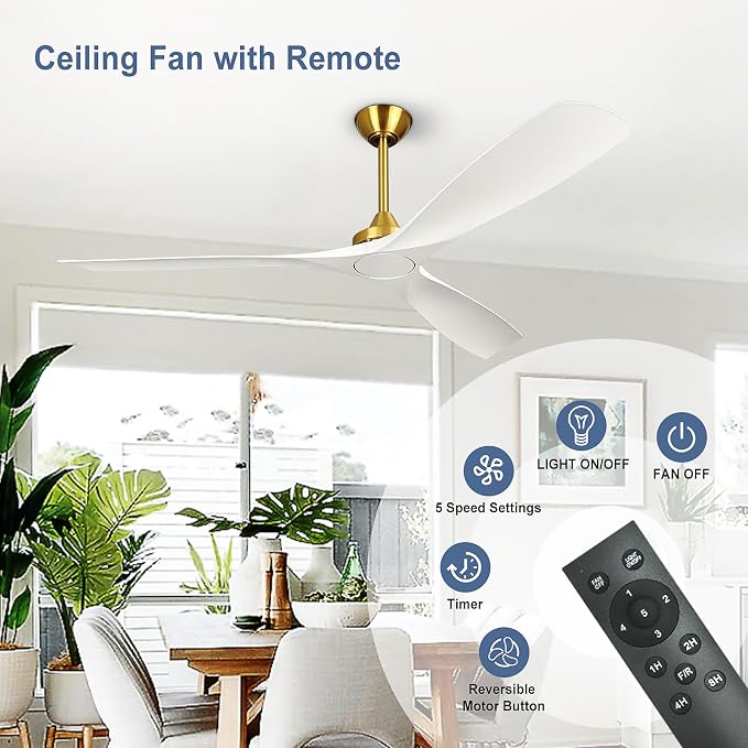 Modern Ceiling Fan with Remote: White and Gold Ceiling Fans 3 Blades - 60 Inch Ceiling Fan No Light for Covered Outdoor Living Room Bedroom