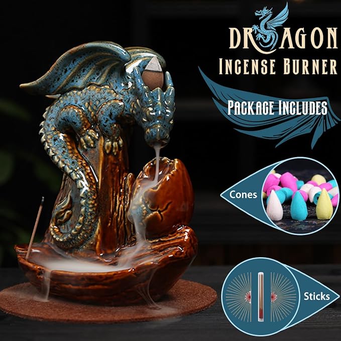 Dragon Incense Burner Holder - Egg Backflow Waterfall Cone Incense Holder, Ceramic Unique Pterosaur Incense Burner with Cones & Sticks for Halloween/Aromatherapy/Yoga/Home/Room/Office Deco