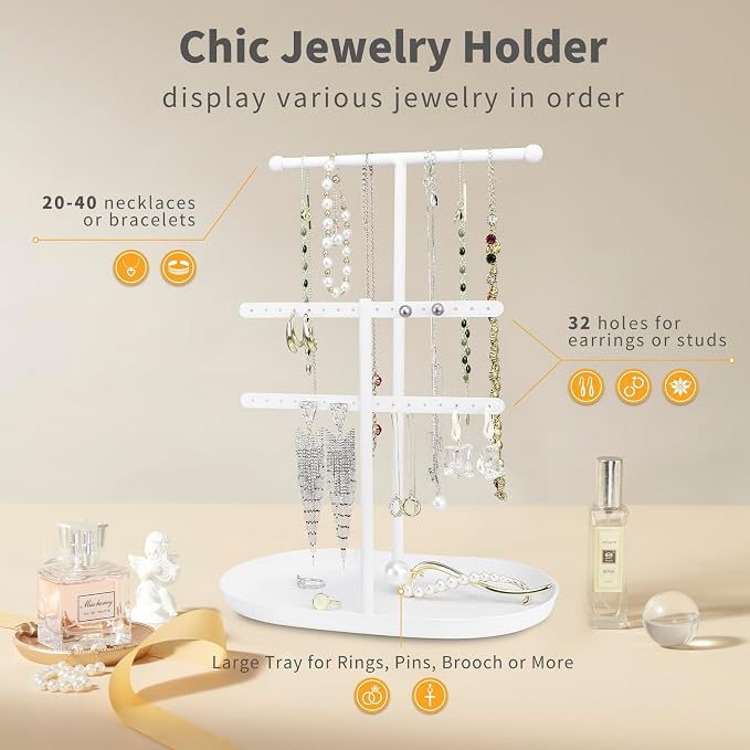 Saydear 3-Tier Jewelry Organizer Stand, Earring Holder Necklace Tree | White Metal Earring Rails With Top Necklace Bar, Oval Tray Base, Ideal Vanity Dresser Decor, Gift For Her