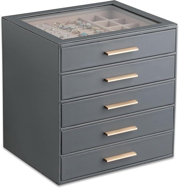 Frebeauty Jewelry Box for Women,Clear Lid Jewelry Organizer with 5 Drawers | Faux Leather,Velvet Lining,5-Layer Large Capacity,Jewelry Storage for Rings Earrings,Dustproof Design,Golden Stylish Handle