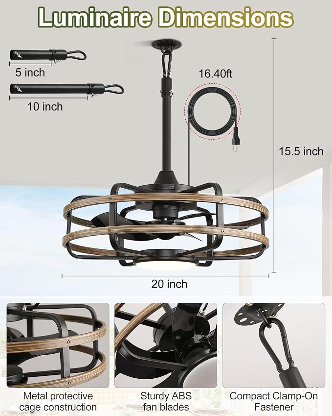 20" Outdoor Ceiling Fan with Light – Waterproof Plug-In Smart Fan for Porch, Pergola & Gazebo, 4CCT Color Adjustable, Alexa & Google Compatible, Caged Design, Black & Dark Wood Finish