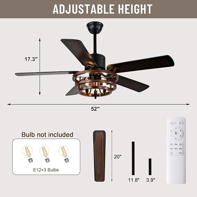 52" Adjustable Wood Grain Iron Cage Ceiling Fans with Lights | Industrial Farmhouse Ceiling Fan with 5 Reversible Dual-Color Blades,DC Quiet Motor,6 Speeds,Timer for Bedroom Living Room