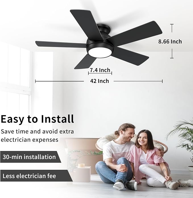 POCHFAN 42 Inch Black Ceiling Fans with Lights and Remote, LED Low Profile Flush Mount Ceiling Fan for Bedroom, Living Room, Patio, Quiet DC Motor, 5 Blades