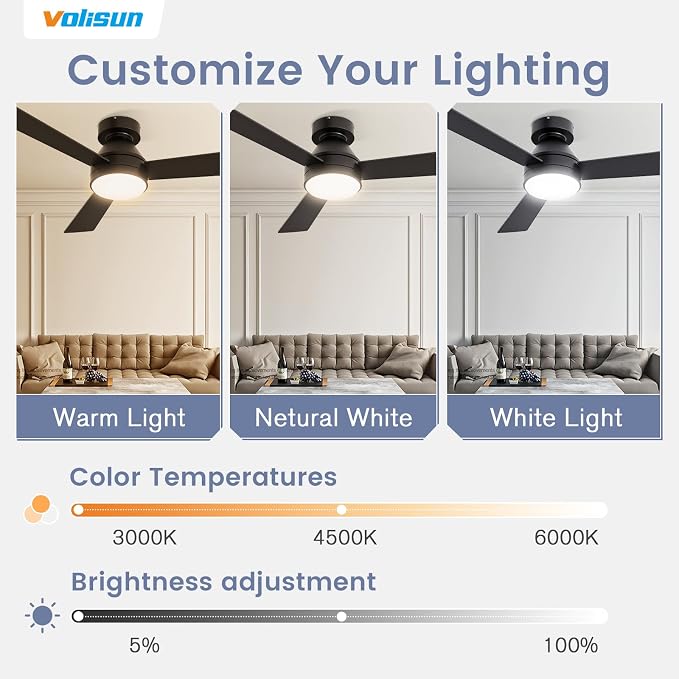 VOLISUN Ceiling Fans with Lights Flush Mount, 42 inch Low Profile Ceiling Fan with Light and Remote, Queit & Reversible Motor,3CCT, Dimmable, Black Modern Ceilings Fans for Bedroom, Living Room