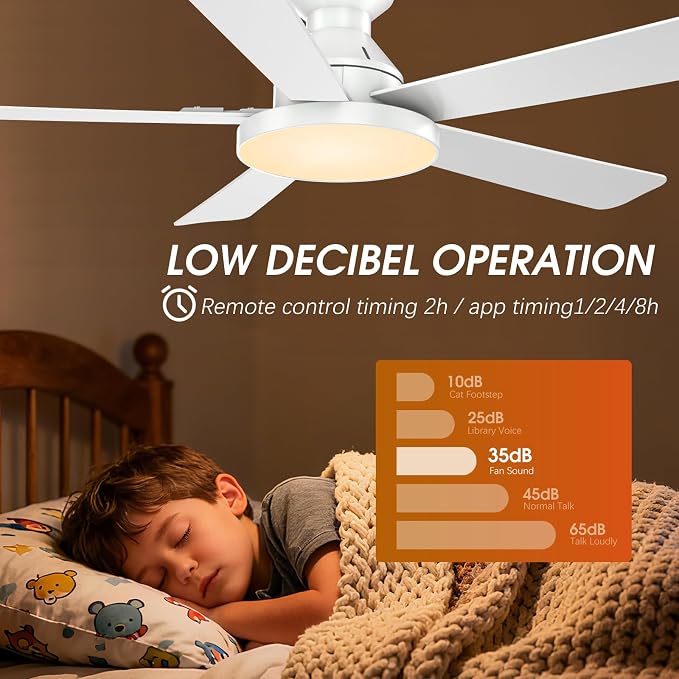 Ceiling Fans with Lights, 52 inch Flush Mount Ceiling Fan with Light, Remote/App Control, Low Profile Modern Ceiling Fan for Bedroom, Indoor/Outdoor (White)