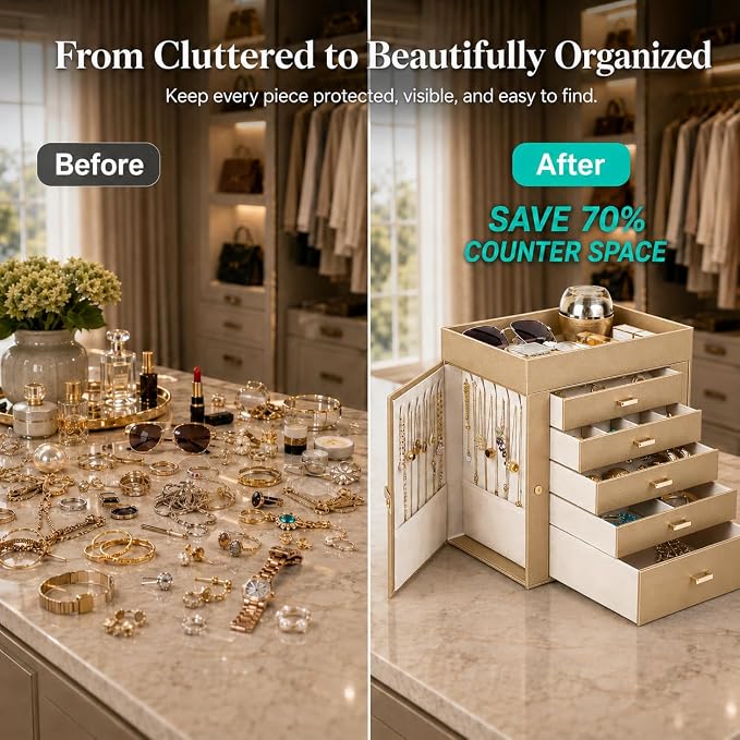BOOVO Large Jewelry Boxes For Women (Gold, 6 Layer) | 6 Layers Jewelry Organizer Box With Cosmetic Storage Drawer, Necklace Ring Jewelry Organizer Box