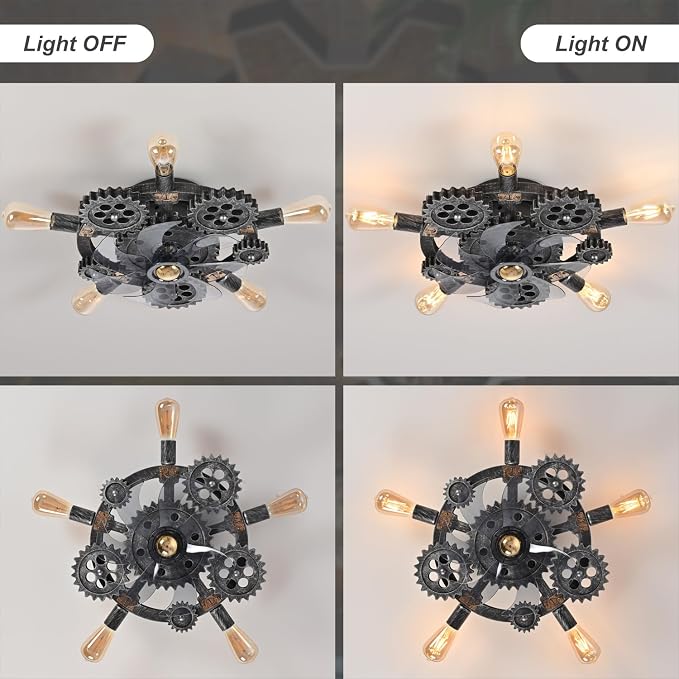 20" Retro Industrial Steampunk Ceiling Fans with Lights and Remote,Low Profile Flush Mount Bladeless Ceiling Fan with Light,Nautical Style 6 Speeds for Bedroom Kitchen Island Bar Cafe