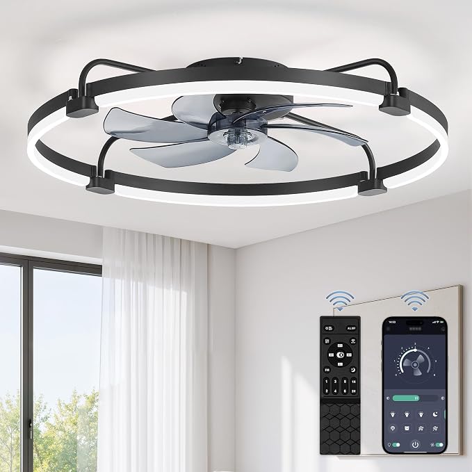 LEDIARY 30" Ceiling Fans with Lights and Remote, Low Profile Led Fan Light | Stepless Dimmable Fandelier, 6 Wind Speeds, Remote and APP Control, Flush Mount Ceiling Fan for Bedroom, Living Room, Black