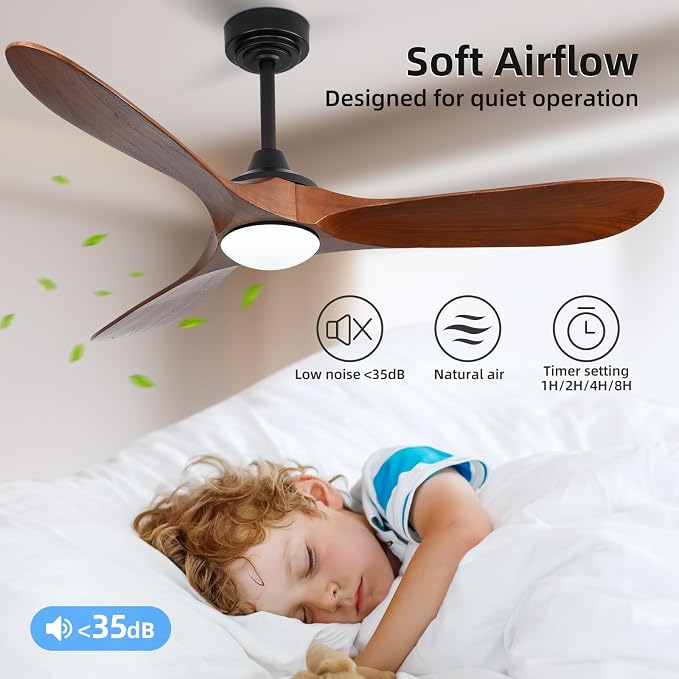 52” Outdoor Ceiling Fan with Light and Remote via WiFi Alexa, 3 Walnut Solid Wood Blade, Noiseless Reversible Dc Motor, Smart Outdoor Wood Ceiling Fan for Farmhouse Patios, Walnut