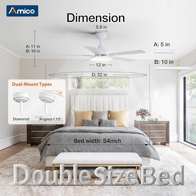 Amico Ceiling Fans with Lights, 52 inch Smart Ceiling Fan with Remote/APP/Alexa Control, Downrod Mount, Reversible DC Motor, 5 Blades, 6 Speeds, 3CCT, Dimmable, Noiseless, Bedroom, Living Room, White