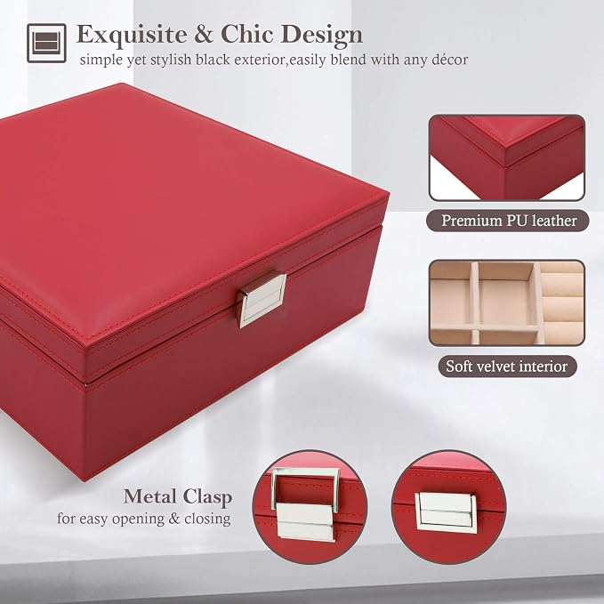 ProCase 2 Layers Jewelry Box for Women -Red | Large Leather Jewelry Organizer Storage Case with Removable Pad for Earrings