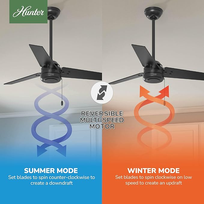 Hunter Cassius, Outdoor or Indoor, Ceiling Fan, 44 inch, Matte Black | No Light, Standard Mount, Pull Chain, 3 Blades, For Living Room, Patio, Porch, Garage, 50260