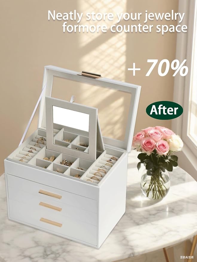 BOOVO Jewelry Boxes for Women, White and Black 6 Layer Large Jewelry Box for Necklace, Bracelet, Earrings, Rings Storage, Jewelry holder Organizer for Girls Gift (Clear White, 4 layer)