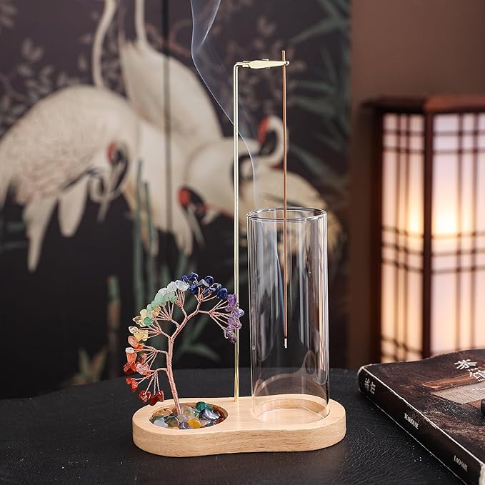 Upside-Down Hanging Incense Stick Holder with 7 Chakra Crystal Tree Design, Glass Ash Catcher & Wooden Base - Aromatherapy Accessory for Meditation, Yoga & Home Decor