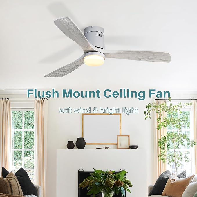 Sofucor 52 Inch Flush Mount Ceiling Fan with Lights and Remote, Grey | Solid Wood Low Profile Ceiling Fans, 3CCT Dimmable 6 Speed Timing Noiseless LED Ceiling Fan, Bedroom/Farmhouse/Patio/Indoor