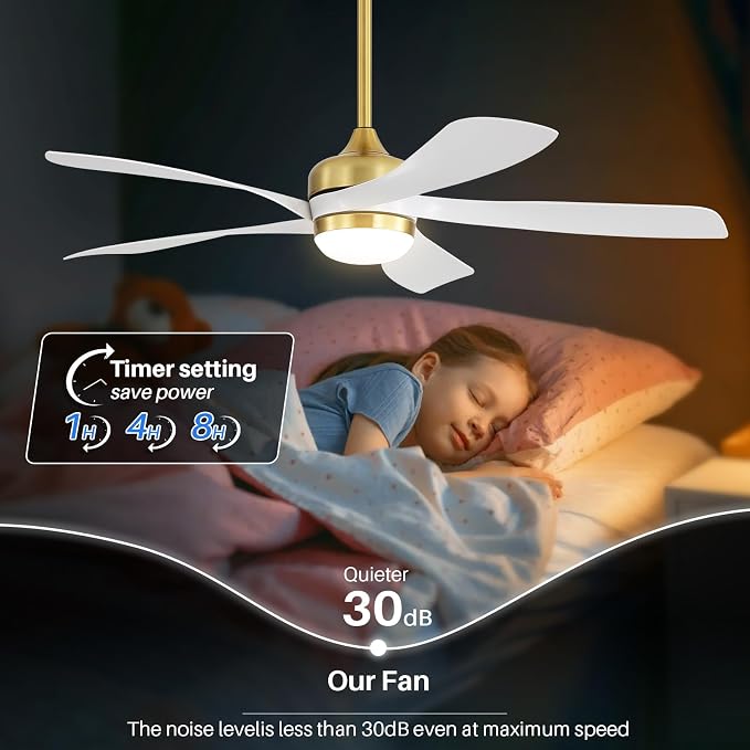 CACI Mall 52 Inch Ceiling Fans with Lights and Remote, modern, Outdoor ceiling fan with 6-Speed, 5 Blades, 2 Downrods, 3 CCT, Timer, Quiet Reversible DC Motor for Living Room, Bedroom, Patios