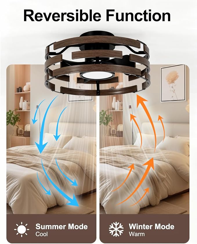 Roomratv Rustic Fandelier Flush Mount Ceiling Fan with Lights,20'' Low Profile Caged Ceiling Fan with Remote,Farmhouse Bladeless Enclosed Small Fan Light Fixtures for Kitchen Bedroom