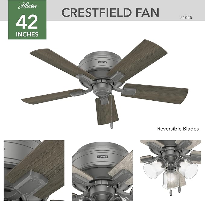 Hunter Crestfield, Indoor, Ceiling Fan, Quiet, 42 inch, Matte Silver