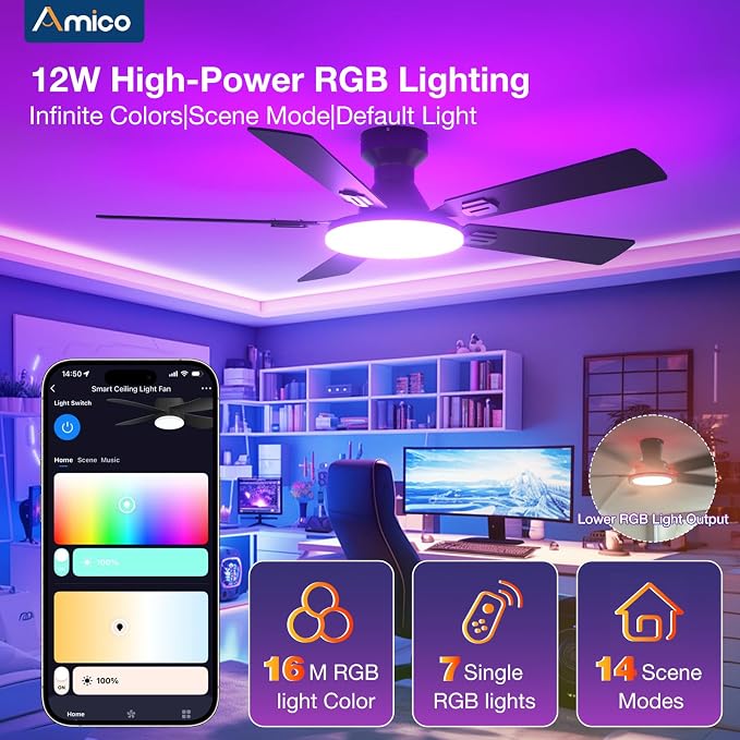 Amico Ceiling Fans with Lights, 52'' Smart RGB Ceiling Fan with Remote/APP/Alexa Control, Flush Mount, Reversible DC Motor, 5 Blades, 6 Speeds, 3CCT, Dimmable, Noiseless, Bedroom, Living Room, Black