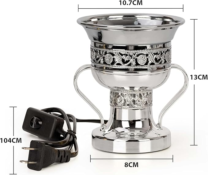 Electric Incense Burner, Arabian Style Electric Incense Holder, Middle Eastern Tabletop Decorative Censer for Yoga Spa Home Office Christian Church Decor, US Plug (Silver)