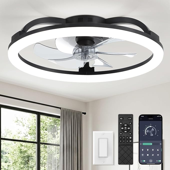 LEDIARY 23 Inch Ceiling Fans with Lights and Remote, Dimmable Fan Light | 6 Speed, Reversible, APP & Remote Control, Low Profile Flush Mount Ceiling Fan for Bedroom, Black