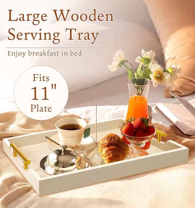 SXNOWS Wooden Serving Tray with 2 Sets of Handles,Cream | Rectangle 16.5x13 Inch Ottoman Decorative Tray for Coffee Table Kitchen Bar Living Room Breakfast in Bed, 4 Coasters Included