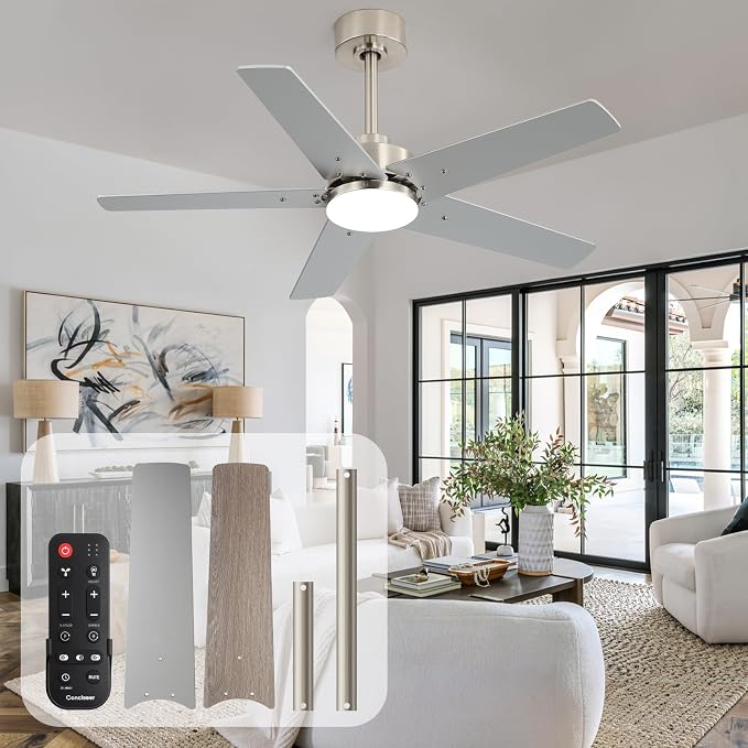 42 Inch Ceiling Fans with Lights and Remote, Bedroom Living Room Kitchen Home Office Indoor/Outdoor, 6CCT Dimmable, Dual Color 5 Blades, 6 Speed Reversible Quiet DC Motor, Sand-nickel/Wood Grain