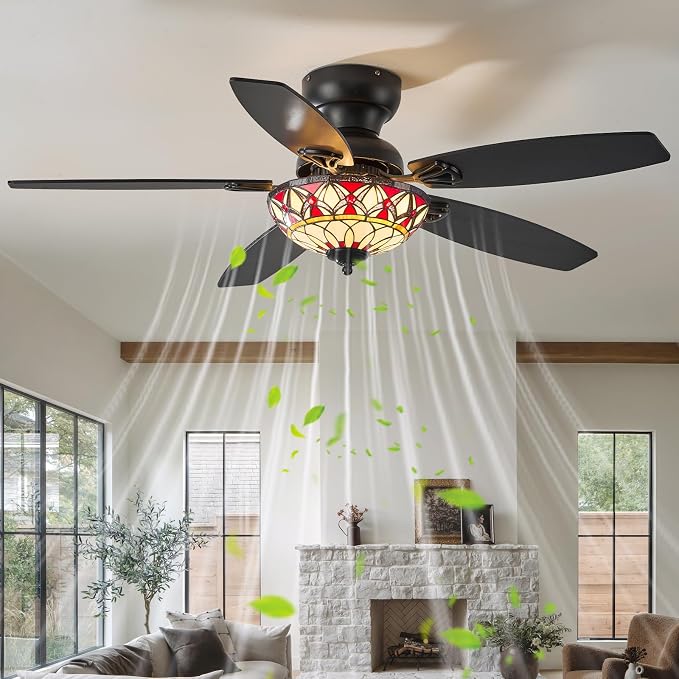 Tiffany Ceiling Fans with Lights - 48" Ceiling Fan Chandelier with 5 Dual-Blades and Glass Shade, 6 Speeds and Reversible, Indoor and Outdoor, Retro Style