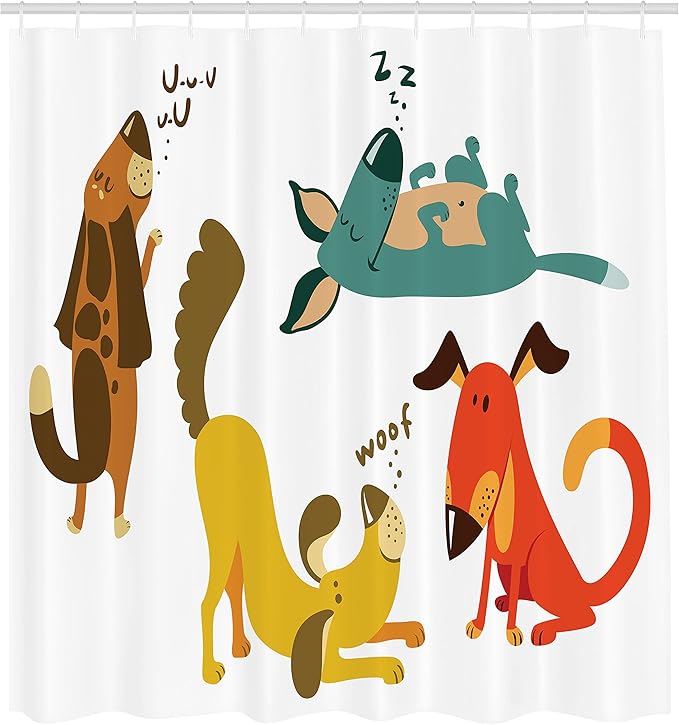 Ambesonne Dog Lover Shower Curtain, Dogs Playful Friendship Paw Sitting Sleeping Smiling Standing Humor Fun Art, Cloth Fabric Bathroom Decor Set with Hooks, 69" W x 75" L, White Teal