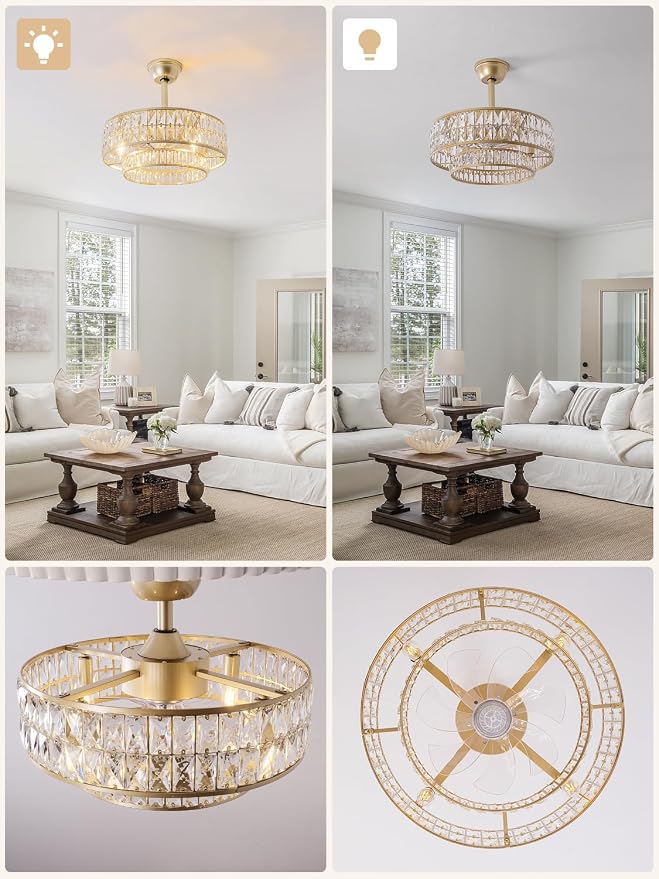 Gold Fandelier Ceiling Fan with Light,20" Crystal Chandelier Ceiling Fans with Lights and Remote Control,Modern Caged Flush Mount Fandelier with 6 Speeds for Living Room Bedroom Nursery