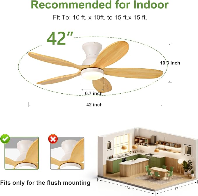 42-Inch Ceiling Fan with Lights, Remote Control, Flush Mount, Dimmable, Reversible, Wood Blades, Power-Off Memory, Quiet DC Motor – Modern Hugger Ceiling Fan for Living Room, Bedroom, Patio