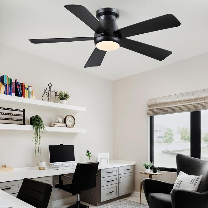 Hounberi 46 Inch Modern Low Profile Ceiling Fan with Light and Remote Control, Quiet 3CCT Dimmable LED Flush Mount Fan for Bedroom Living Room, 5 ABS Blades Reversible Motor, Black