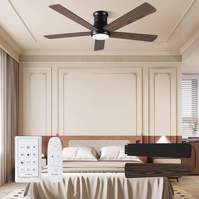 52 Inch Low Profile Ceiling Fan with Light, Black Flush Mount Ceiling Fans with Lights and Remote, 6 Speeds Reversible Quiet DC, 3CCT Dimmable, Indoor Outdoor Ceiling Fans for Patios Bedroom