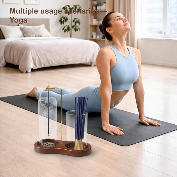 2-in-1 Incense Holder with Glass Ash Catcher & Stick Storage, Wooden Incense Burner for Relaxation, Stress Relief, Mess-Free Home Use, Self-Care, Meditation, Yoga, Bedroom & Living Room (Retro)