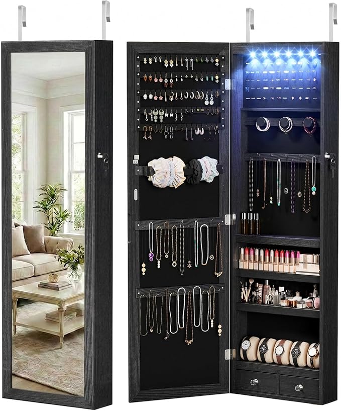 DUMOS 6 LEDs Mirror Jewelry Organizer Cabinet, Jewelry Armoire, 47.2 Inch | Hanging Door or Wall Mounted Mirror, Lockable, Large Capacity Cosmetic Storage, 2 Drawers, Gift Idea, Black