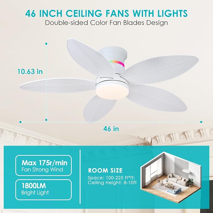 Surtime 46" White Ceiling Fans with RGB Lights - Flush Mount Ceiling Fan Light with LED 3CCT Dimmable, Tropical Palm Leaf Ceiling Fans for Indoor Party,Covered Outdoor