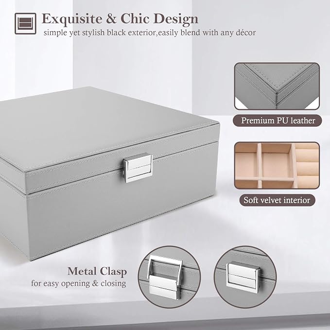 ProCase 2 Layers Jewelry Box for Women -Grey | Large Leather Jewelry Organizer Storage Case with Removable Pad for Earrings