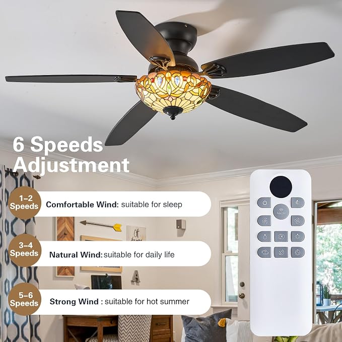 Ceiling Fans with Lights - 52" Ceiling Fan Chandelier with 5 Dual-Blades and Glass Shade, 6 Speeds and Reversible, Indoor and Outdoor, Retro Style