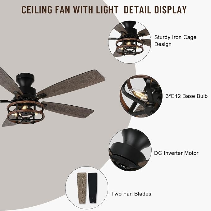 52" Flush Mount Farmhouse Ceiling Fan with Light & Remote Control | Rustic Caged Chandelier Ceiling Fan with 5 Double Colour Blades Reversible DC Motor, for Living Room,Dining Room,Bedroom