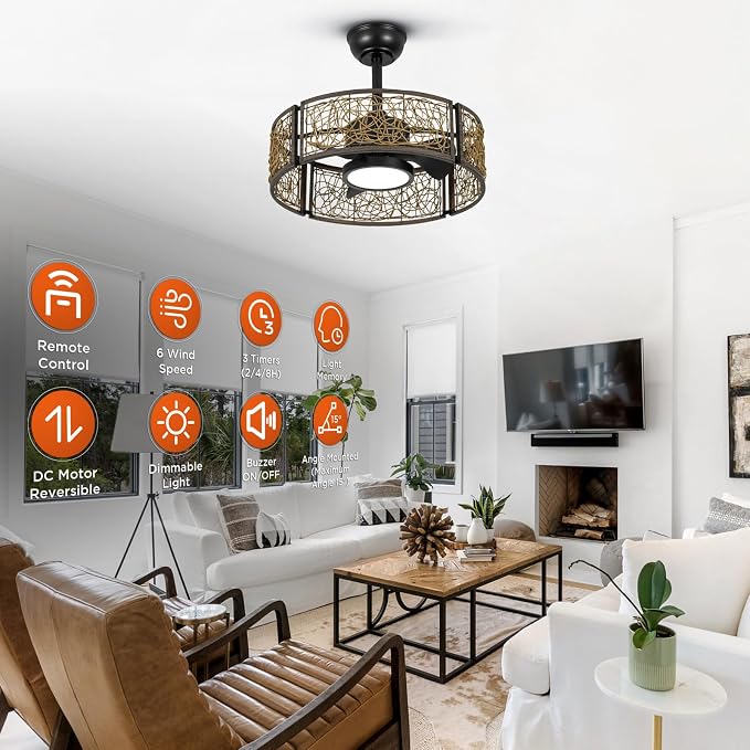 TALOYA 20 Inch Caged Ceiling Fans with Lights Chandelier Remote Control Flush Mount Low Profile for Bedroom Living Room Patio,Reversible,Buzzer Mute,Dimmable Led Light Included,Fandelier,Black