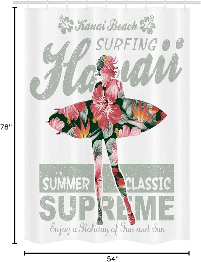 Ambesonne Hawaiian Stall Shower Curtain, Tropical Hawaii Hibiscus Surfing Girl Silhouette Surfboard Retro Themed Artprint, Fabric Bathroom Decor Set with Hooks, 54" W x 78" L, Fuchsia Green