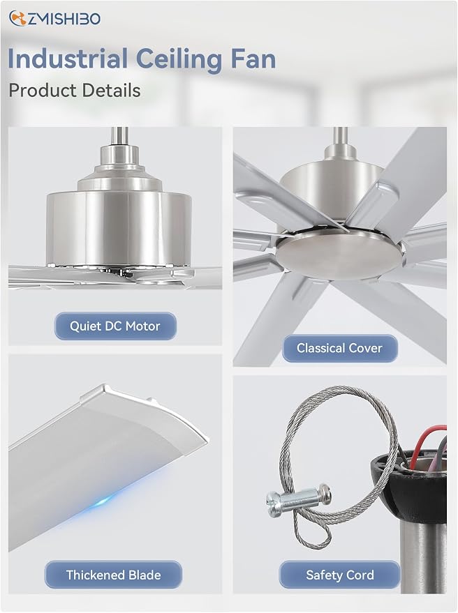 ZMISHIBO 65 Inch No Light, Large Industrial Ceiling Fan with 8 Aluminium Blades, Quiet DC Motor, 6 Speeds, Modern Ceiling Fan without Light for Garage/shop/living room,Nickel