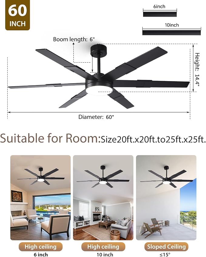 60 Inch Ceiling Fans with Lights and Remote, Modern Large Black Ceiling Fan for Indoor or Covered Outdoor, 3CCT,Reversible DC Motor Dual-Sided Blades High CFM Ceiling Fan for Living Room Garage
