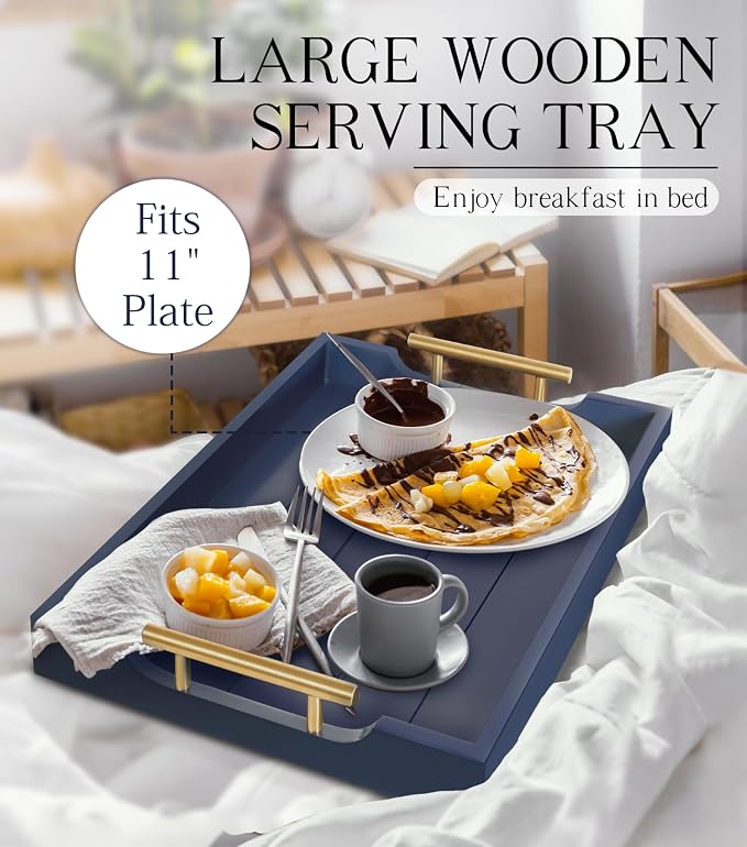 SXNOWS Wooden Serving Tray with 2 Sets of Handles,Navy Blue | Rectangle 16.5x13 Inch Ottoman Decorative Tray for Coffee Table Kitchen Bar Living Room Breakfast in Bed, 4 Coasters Included