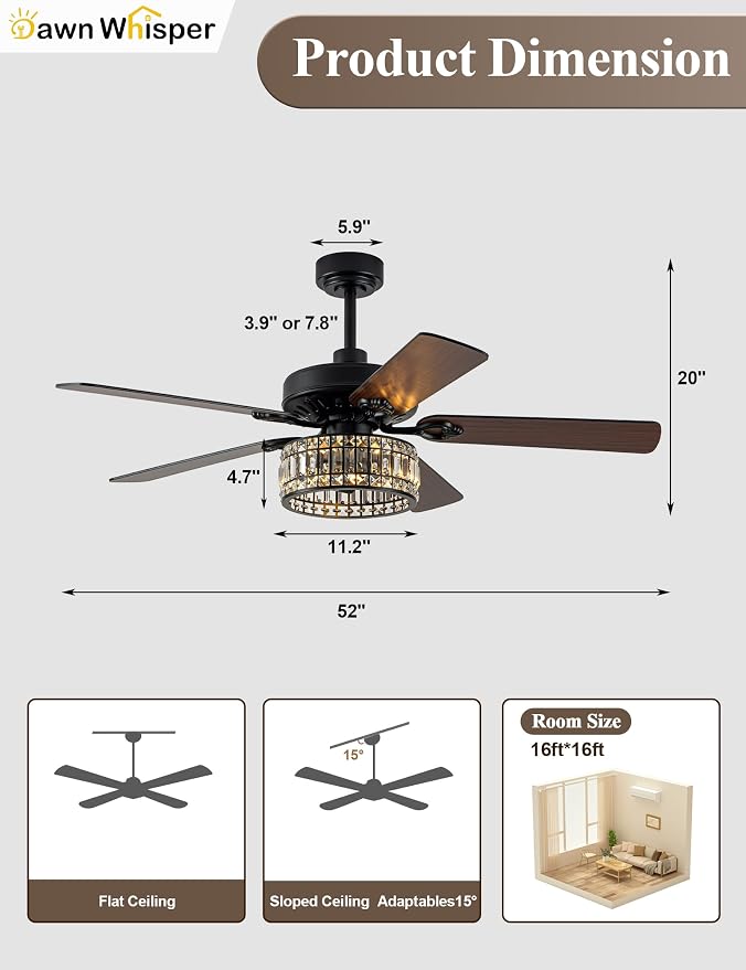 Dawn Whisper 52 Inch Black Crystal Chandelier Ceiling Fans with Lights Modern Farmhouse Vintage Ceiling Fans for Living Room Bedroom Quiet Reversible DC Motor 6 Speeds 3*E26 Light Bulbs Base