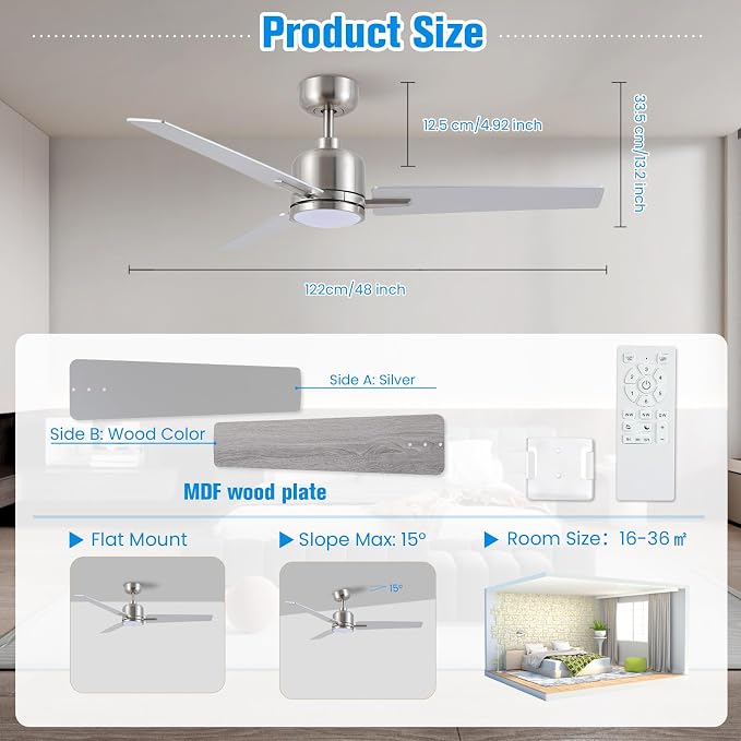 Newday 48 Inch Ceiling Fans with Lights Remote, Brushed Nickel Ceiling Fans Dimmable 3 Color Temperature, Timer, 3 Blades, 6 Speed Modern Fan Quiet Reversible DC Motor for Indoor or Covered Outdoor