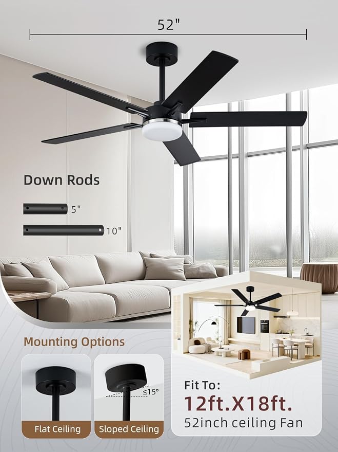 LANMEL Ceiling Fan with Light, Modern Flush Mount Low Profile with Remote Control, Reversible, 3CCT Dimmable, Quiet,LED for Bedroom, Living Room, Indoor/Outdoor Patio Use 52 Inch Silver & Black