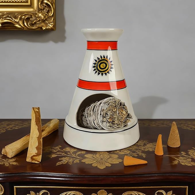 MOUGIGI Handcrafted Sun Totem Ceramic palo santo sticks holder with - Tent-Shape Mini chiminea for Sage, Incense Cones & Smudging Rituals -Thoughtful Gifts for Yoga, Meditation, Ash, Zen, Aromatherapy